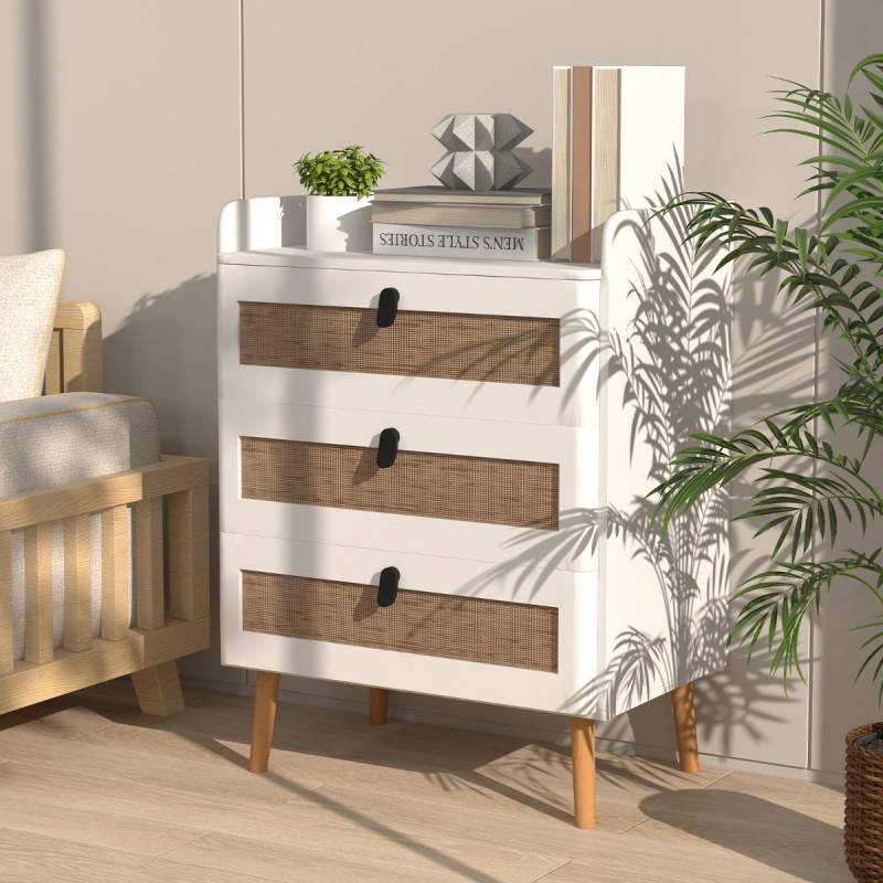 Nachttisch mit 3 Schubladen Massivholzbeine Nachtkommode im Boho-Stil 60 x 40 x 75 cm von Costway