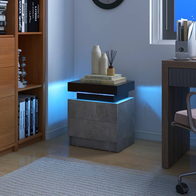 Nachttisch mit LED-Leuchten & 2 Schubladen & Fernbedienung Nachtschrank 45 x 35 x 52cm Grau von Costway