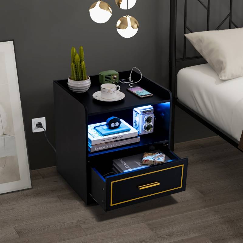 Nachttisch mit LED Licht USB-Anschluss und Typ-C-Ladestation Nachtschrank mit Bewegungssensor Schwarz von Costway
