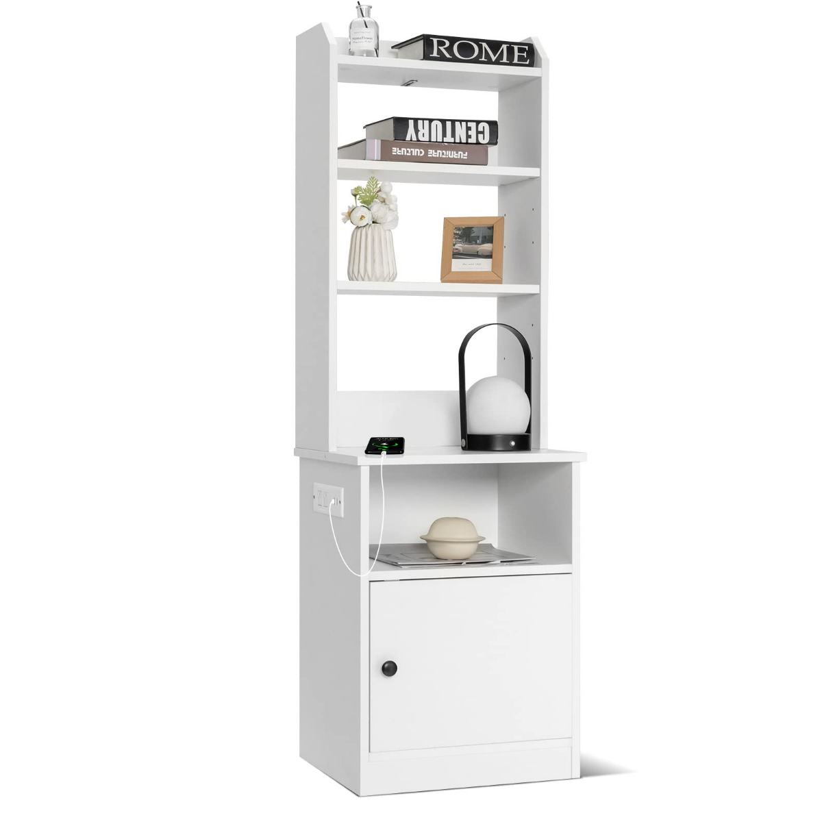 Nachttisch mit Ladefunktion Nachtschrank mit offenen Regalen und Schrank für Boxspringbett 45 x 36 x 140,5 cm Weiß Nachttisch mit Ladefunktion Nachtschrank mit offenen Regalen und Schrank für Boxspringbett 45 x 36 x 140,5 cm Weiß von Costway