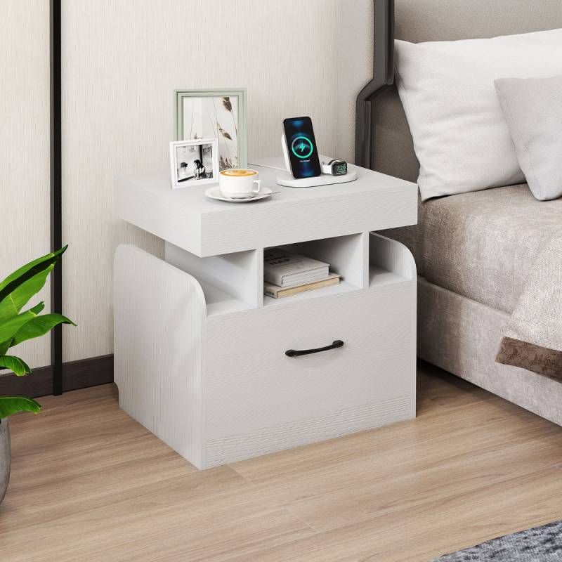 Nachttisch mit Ladestation Beistelltisch mit Schublade Nachtschrank mit offenen Fächern 50 x 40 x 55 cm Weiß von Costway