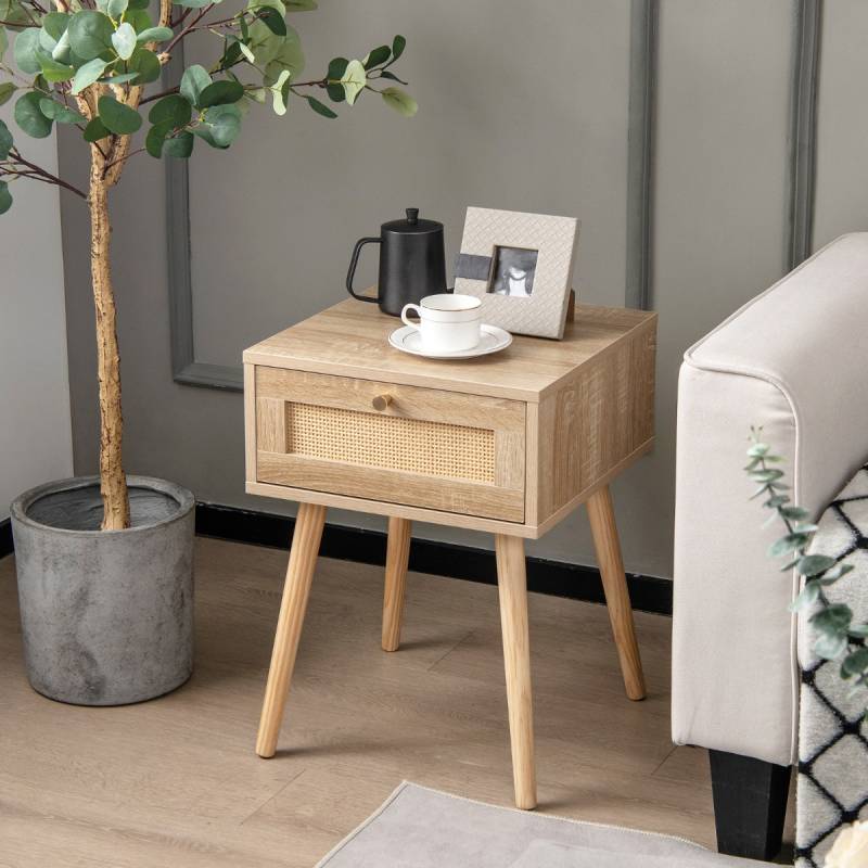 Nachttisch mit Schublade Beistelltisch mit Rattan-Design 40 x 40 x 55 cm Eiche von Costway