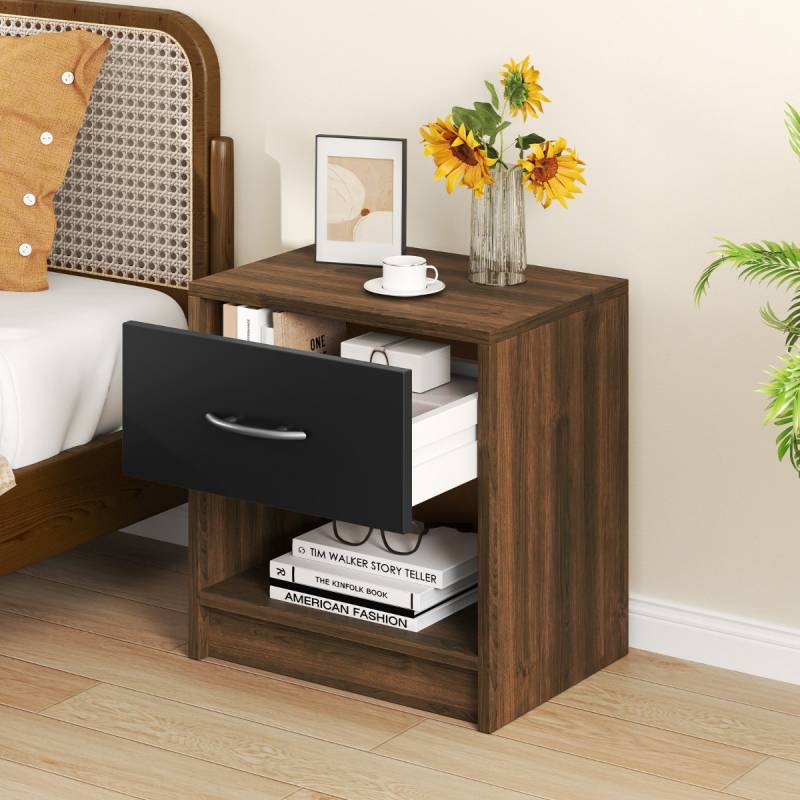 Nachttisch mit Schublade Kleiner Beistelltisch mit offenem Fach 38,5 x 28 x 40,5 cm Braun + Schwarz von Costway