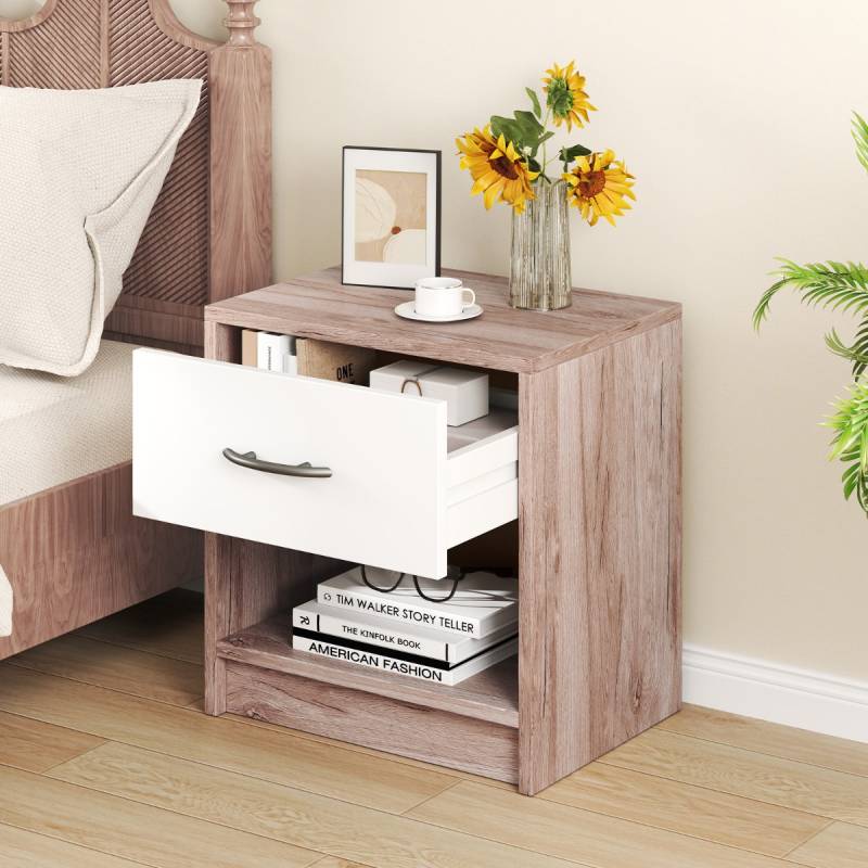 Nachttisch mit Schublade Kleiner Beistelltisch mit offenem Fach 38,5 x 28 x 40,5 cm Eiche + Weiß von Costway