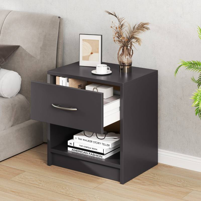 Nachttisch mit Schublade Kleiner Beistelltisch mit offenem Fach 38,5 x 28 x 40,5 cm Grau von Costway