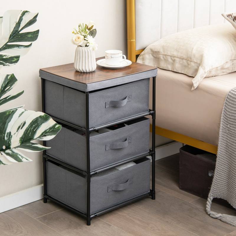 Nachttisch mit Stoffschubladen Beistelltisch mit Metallrahmen Grau 40 x 30 x 62 cm von Costway