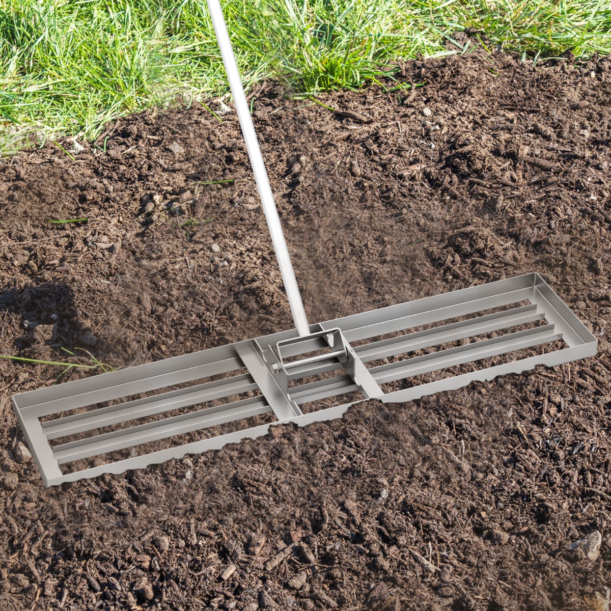 Nivellierrechen mit Ergonomischem Griff Robustes Rasenwerkzeug Levelingrake Flächenebner 106 x 25 cm Silber von Costway