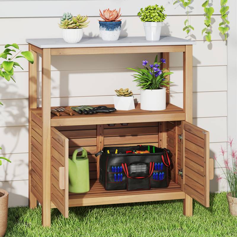 Outdoor-Arbeitstisch Garten-Pflanztisch aus Akazienholz mit Harztischplatte Ablagefach & Schrank Natur von Costway