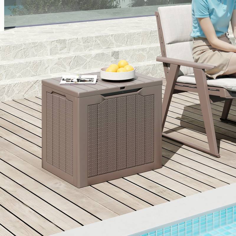 Outdoor-Aufbewahrungsbox 96 L Deckbox mit abschließbarem Deckel & geflochtener Rattanoptik Braun von Costway