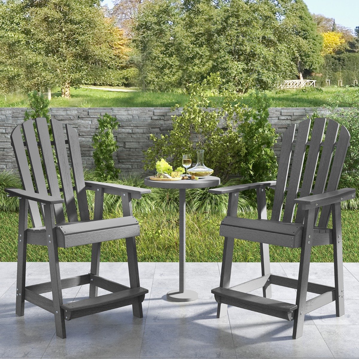 Outdoor Barhocker mit Armlehne & Fußstütze HDPE-Patiostuhl Wetterfester Pub-Hocker Grau von Costway