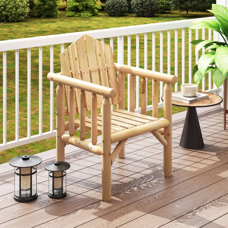 Outdoor-Holz-Armlehnsessel Holz-Patio-Essstuhl mit Armlehnen und geneigter hoher Rückenlehne Natur von Costway