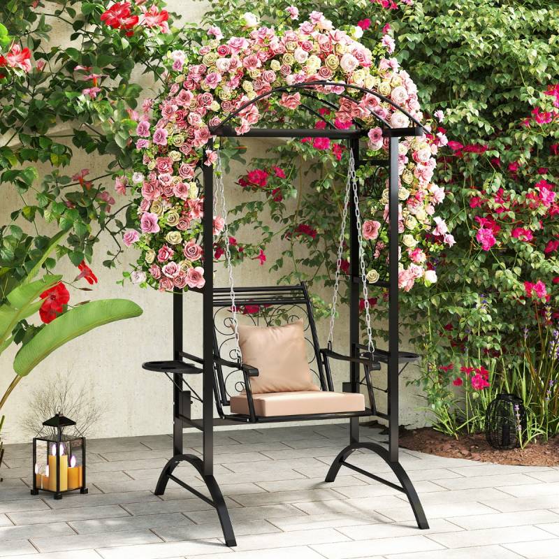 Outdoor-Schaukel mit Gestell & 2 Rankgittern & Kissen & Seitentischen Terrassenschaukel von Costway