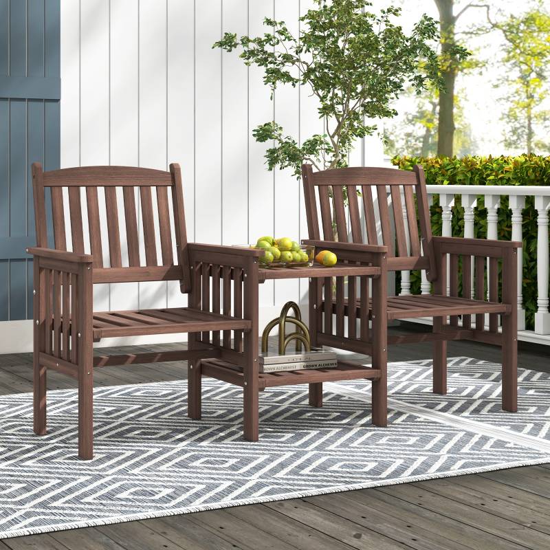 Outdoor-Sofa aus Tannenholz mit 2-stufigem Beistelltisch + 5 cm großem Schirmloch 2-Sitzer-Gartenstuhl Braun von Costway