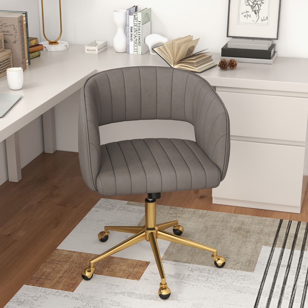PC-Stuhl aus Samt moderner Drehstuhl mit gepolsterter Rückenlehne verstellbarer Rückenlehnenwinkel Sitzbreite 52cm Grau PC-Stuhl aus Samt moderner Drehstuhl mit gepolsterter Rückenlehne verstellbarer Rückenlehnenwinkel Sitzbreite 52cm Grau von Costway