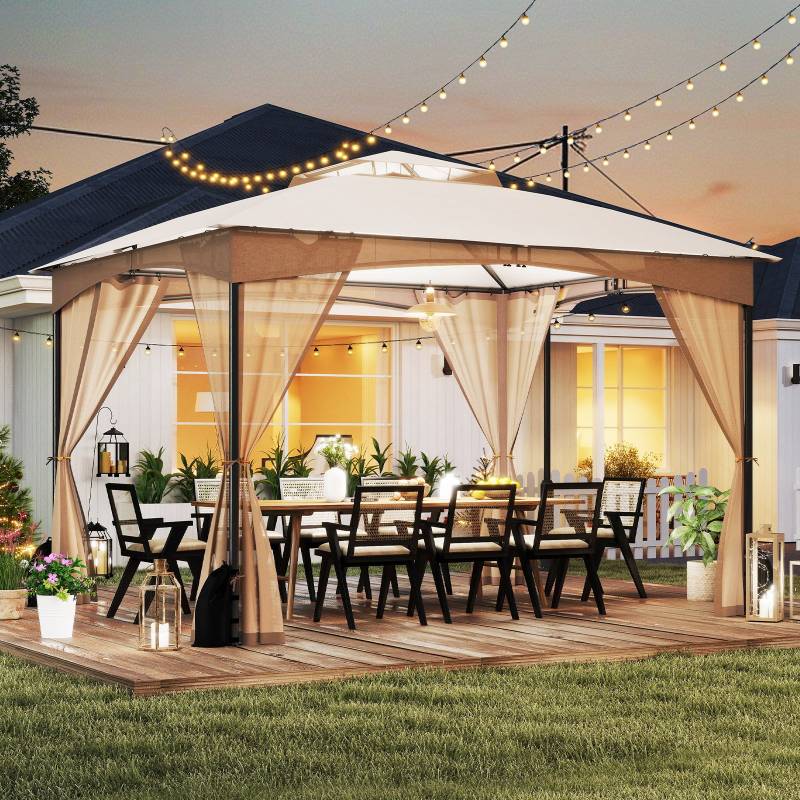 Pavillon 3 x 3,6 m Faltpavillon mit 4 Sandsäcken & 4 Moskitonetz & Doppeldach Wasserdicht & Stabil & Winterfest Khaki von Costway
