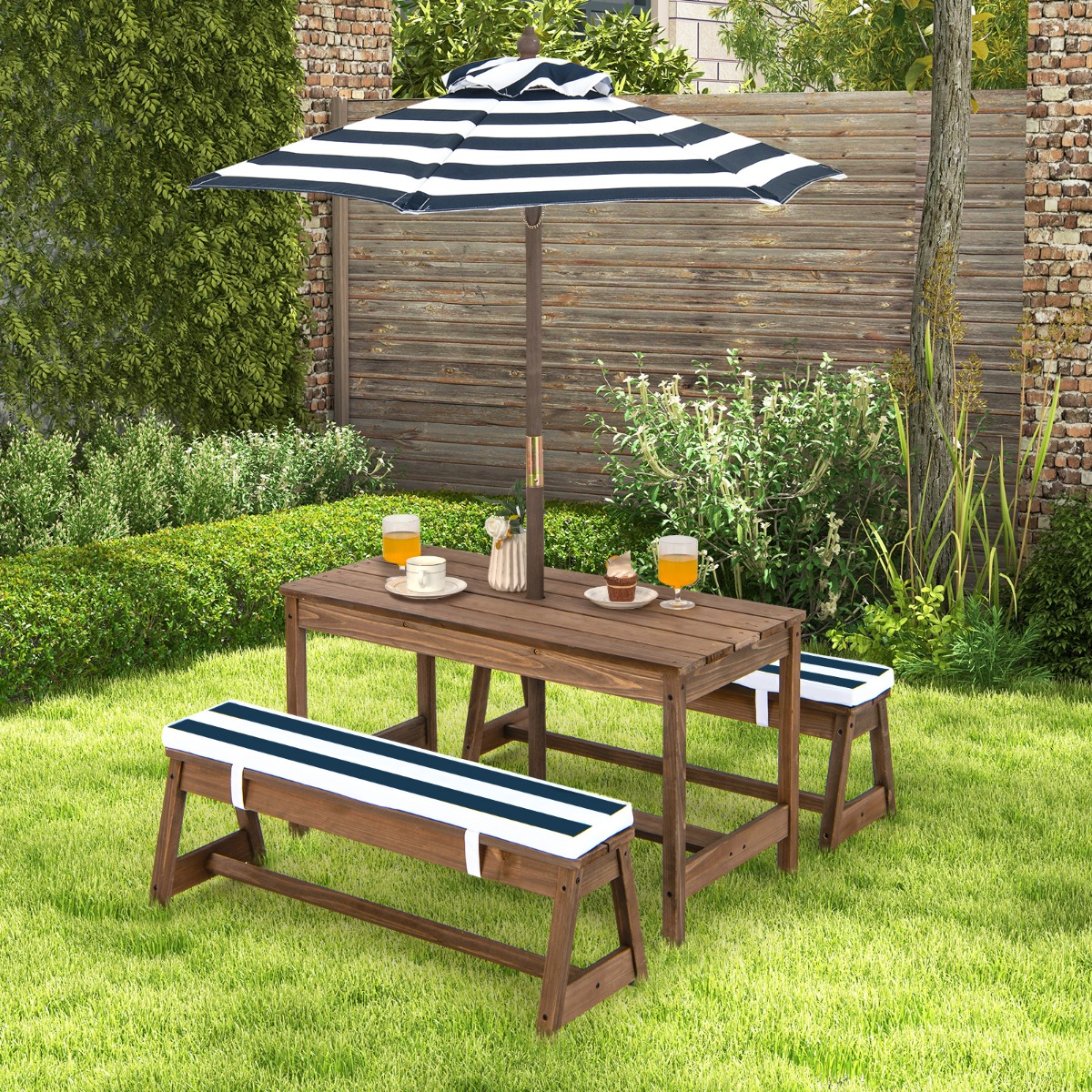 Picknicktisch mit Sonnenschirm & Sitzbänken Tisch und Bank-Set Blau von Costway