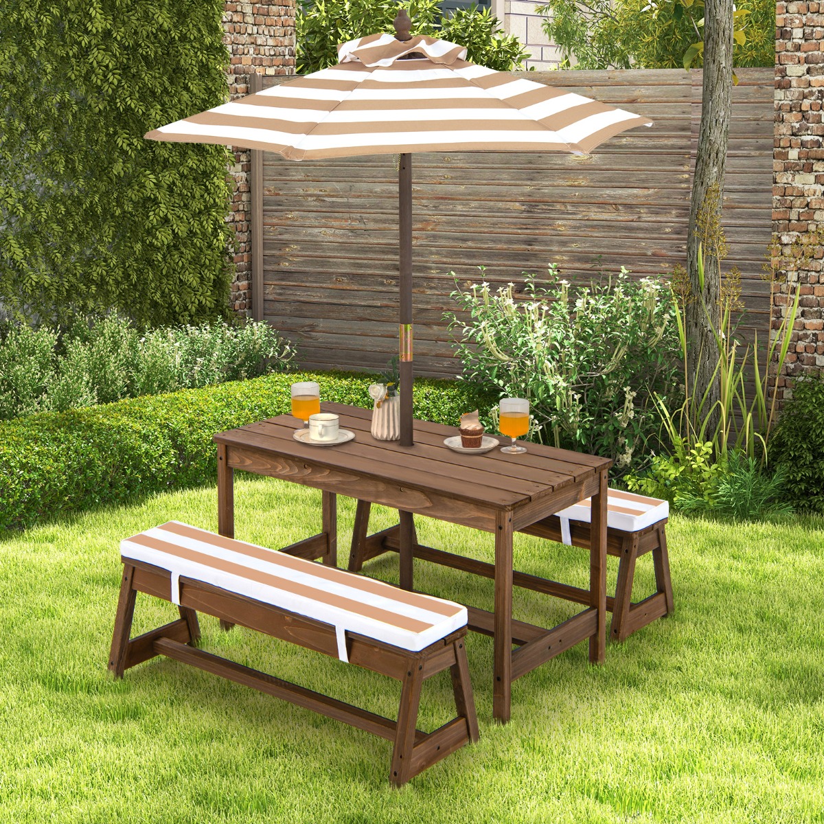Picknicktisch mit Sonnenschirm & Sitzbänken Tisch und Bank-Set Braun von Costway