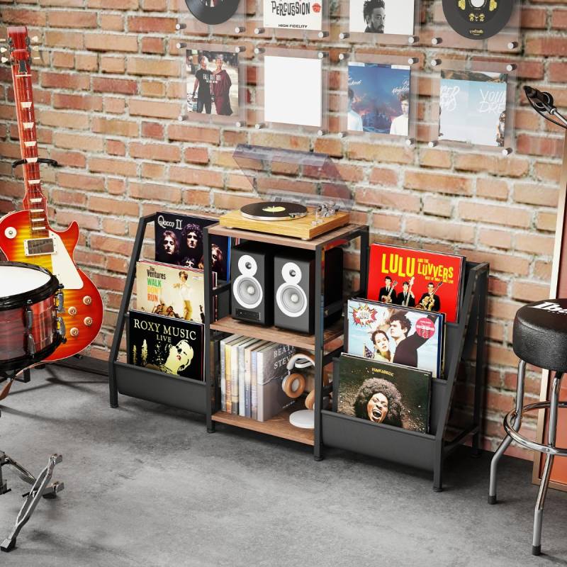 Plattenspielerständer mit Vinyl-Regal & 3 Ablagen & 6 Aufbewahrungstaschen Schallplattenständer von Costway