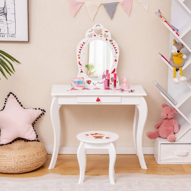 Prinzessin Schminktisch-Set 2-in-1 Kinder Schminktisch mit abnehmbarem Spiegel Weiß von Costway
