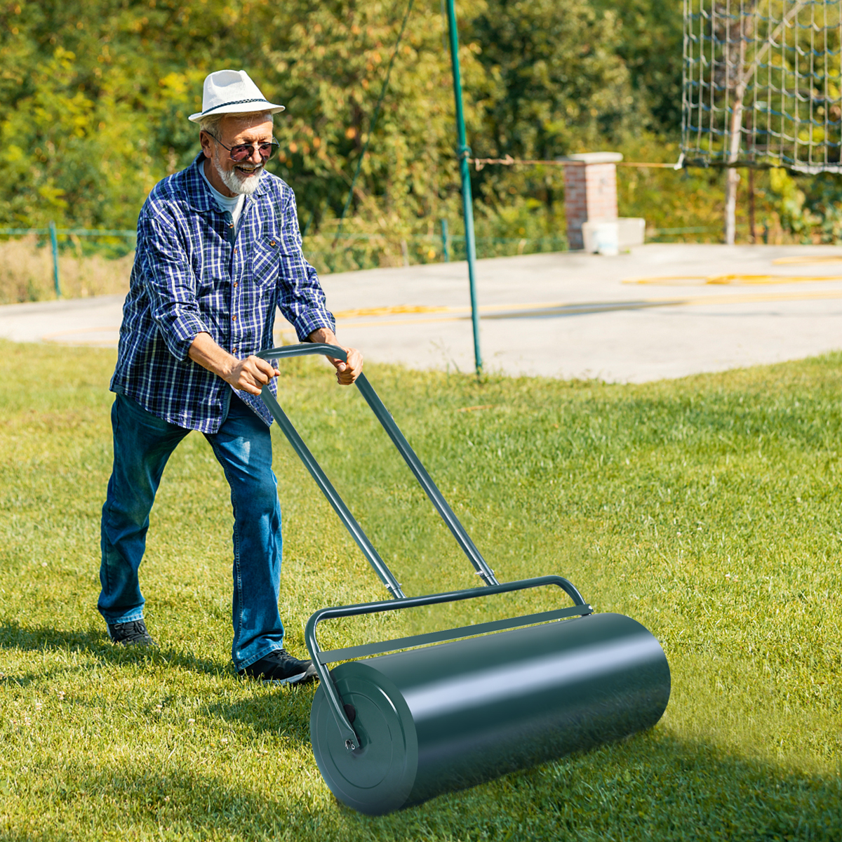 Rasenwalze 90cm Handwalze 63L Gartenwalze mit Schwerlasttrommel Rasenroller Grün von Costway