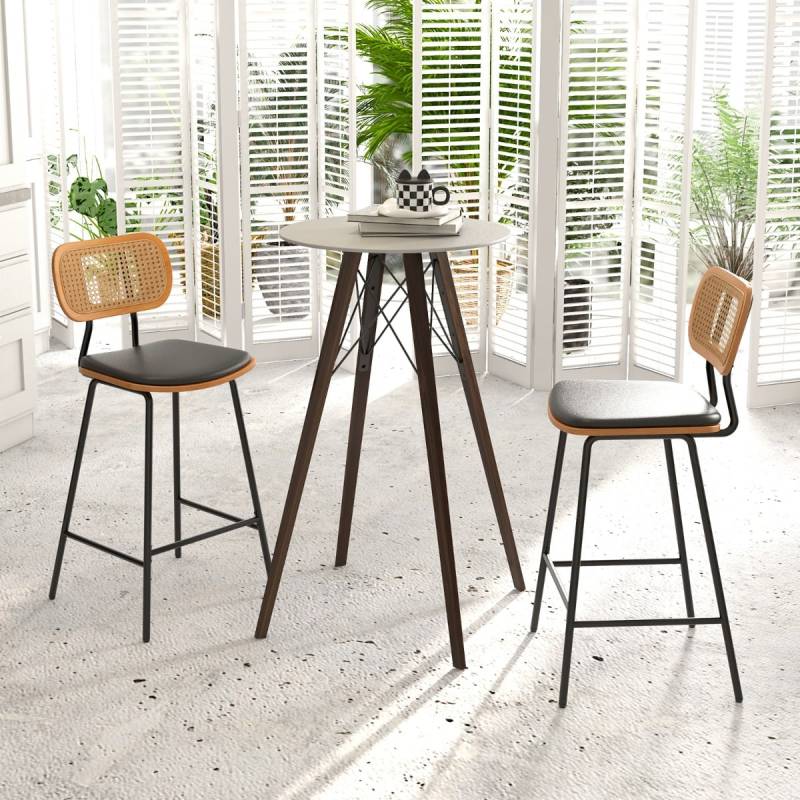 Rattan Barhocker-Set aus 2 Barhocker in Tresenhöhe mit Rattan-Rückenlehne Gepolsterte armlose Essstühle von Costway