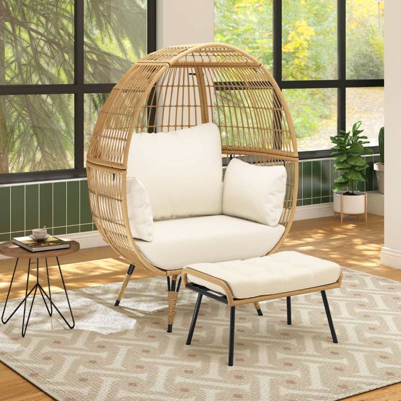 Rattan Korbsessel mit Hocker Übergroßer Gartensessel mit Kissen XXL Rattansessel Weiß von Costway