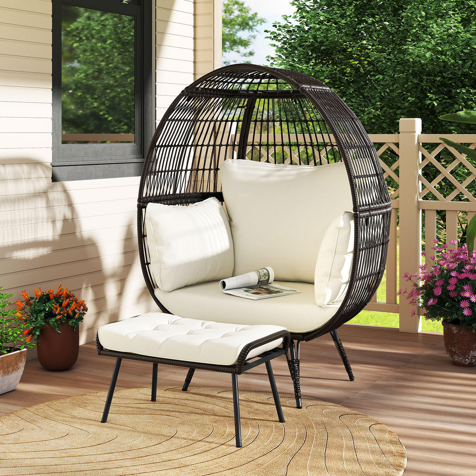 Rattan Korbsessel mit Hocker Übergroßer Gartensessel mit Kissen XXL Rattansessel von Costway