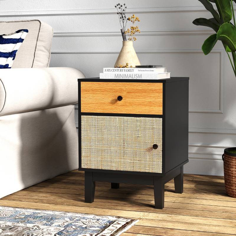 Rattan Nachttisch mit Schublade & Schrank Nachtschrank Beistelltisch Sofatisch im Boho Stil von Costway
