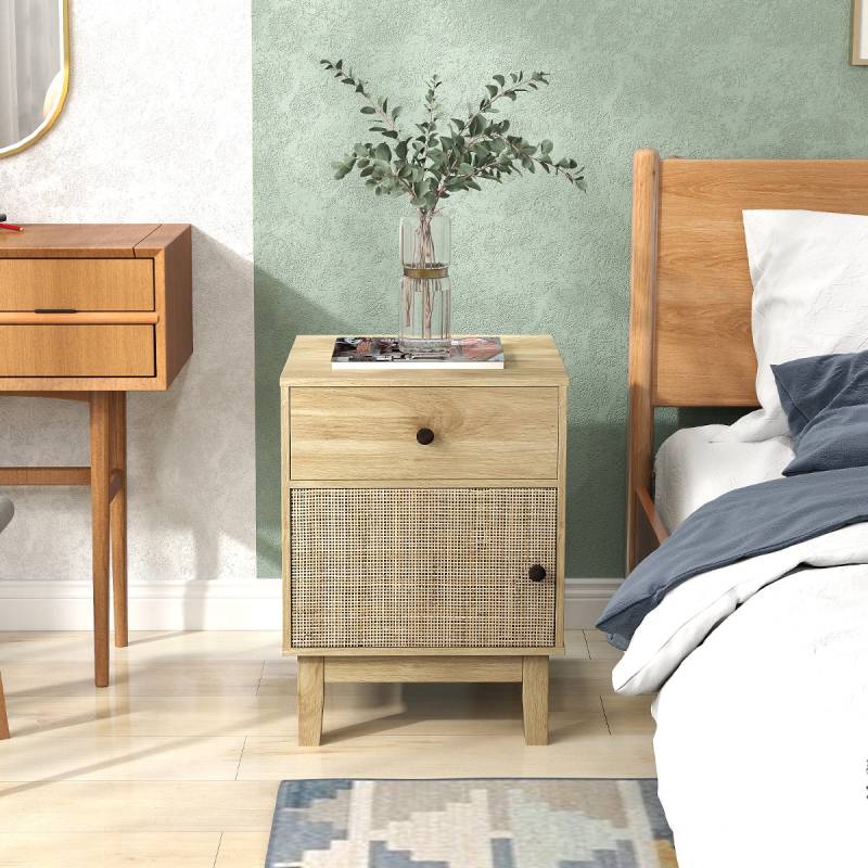 Rattan Nachttisch mit Schublade & Schrank Nachtschrank im Boho-Stil Beistelltisch Natur von Costway