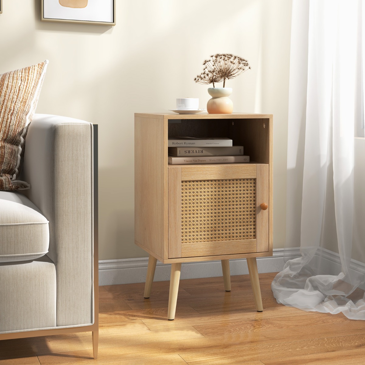 Rattan Nachttisch mit Stauraum Offenem Regal & Tür Bauernhausstil Beistelltisch Natur Rattan Nachttisch mit Stauraum Offenem Regal & Tür Bauernhausstil Beistelltisch Natur von Costway