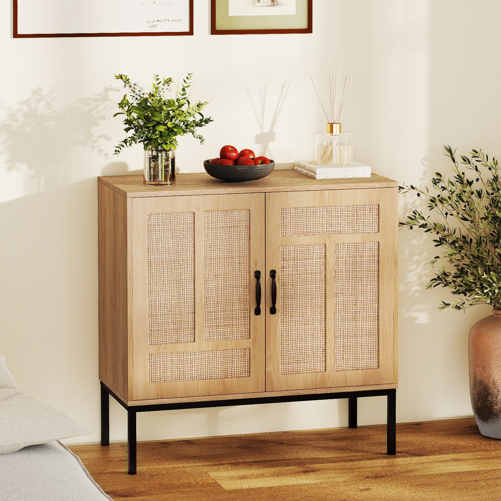 Rattan Sideboard mit 3-Fach Verstellbarem Regal & 2 Türen Boho Buffet Akzentschrank Natur Rattan Sideboard mit 3-Fach Verstellbarem Regal & 2 Türen Boho Buffet Akzentschrank Natur von Costway