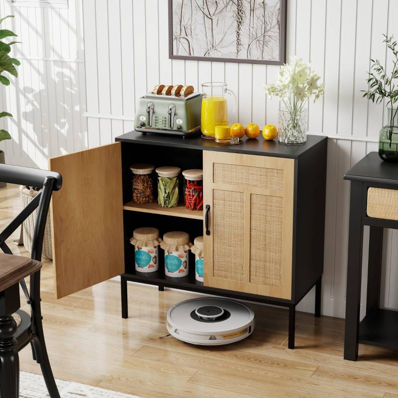 Rattan Sideboard mit 3-Fach Verstellbarem Regal & 2 Türen Boho Buffet Akzentschrank Schwarz von Costway
