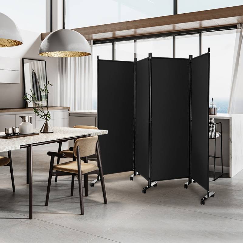 Raumteiler mit 4 Paneelen auf Rädern 173 cm Hoher Rollbarer Sichtschutz Schwarz von Costway