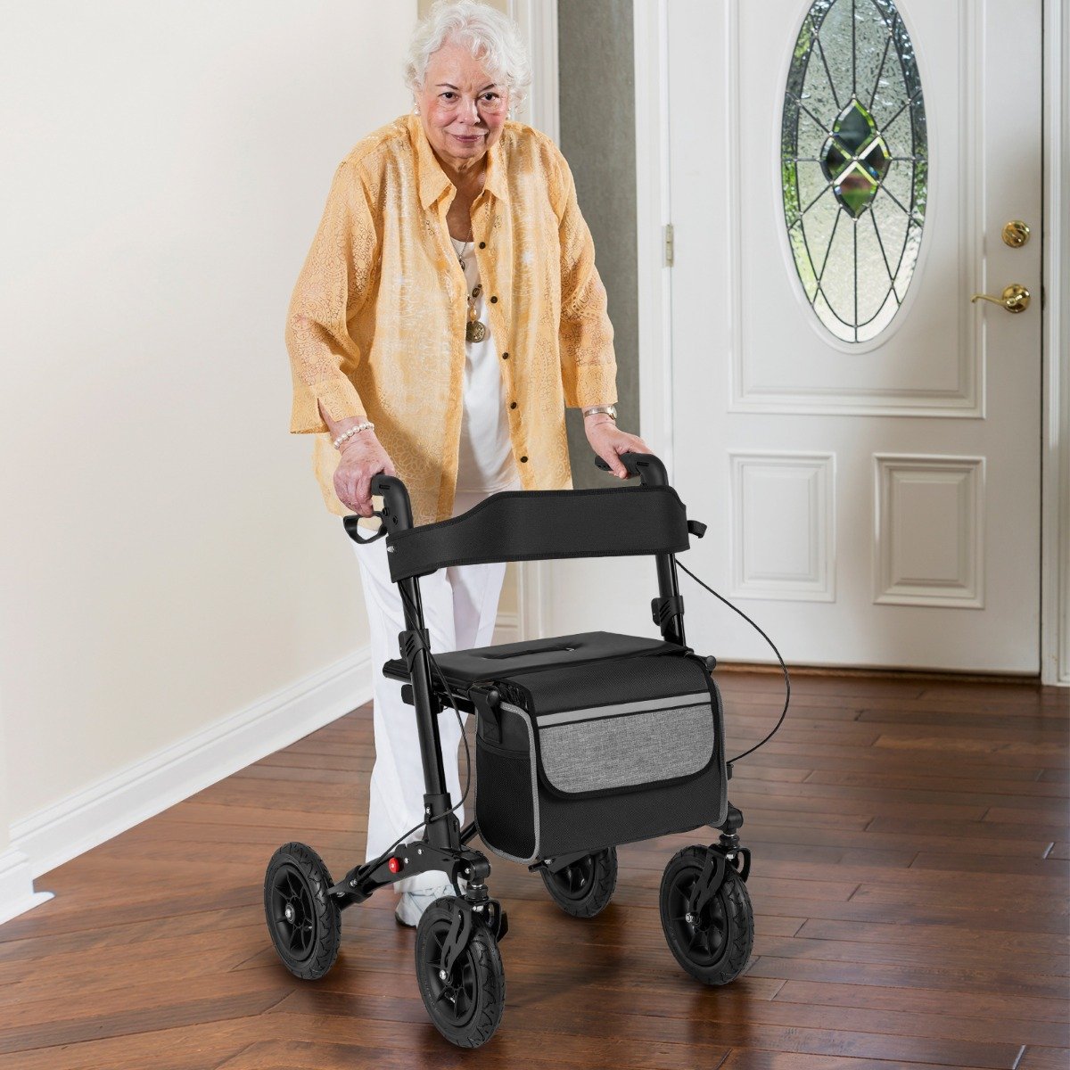 Rollator mit Luftbereifung faltbar und leicht mit Sitz Aluminium bis 140 kg 2 in 1 Rollstuhl Schwarz von Costway