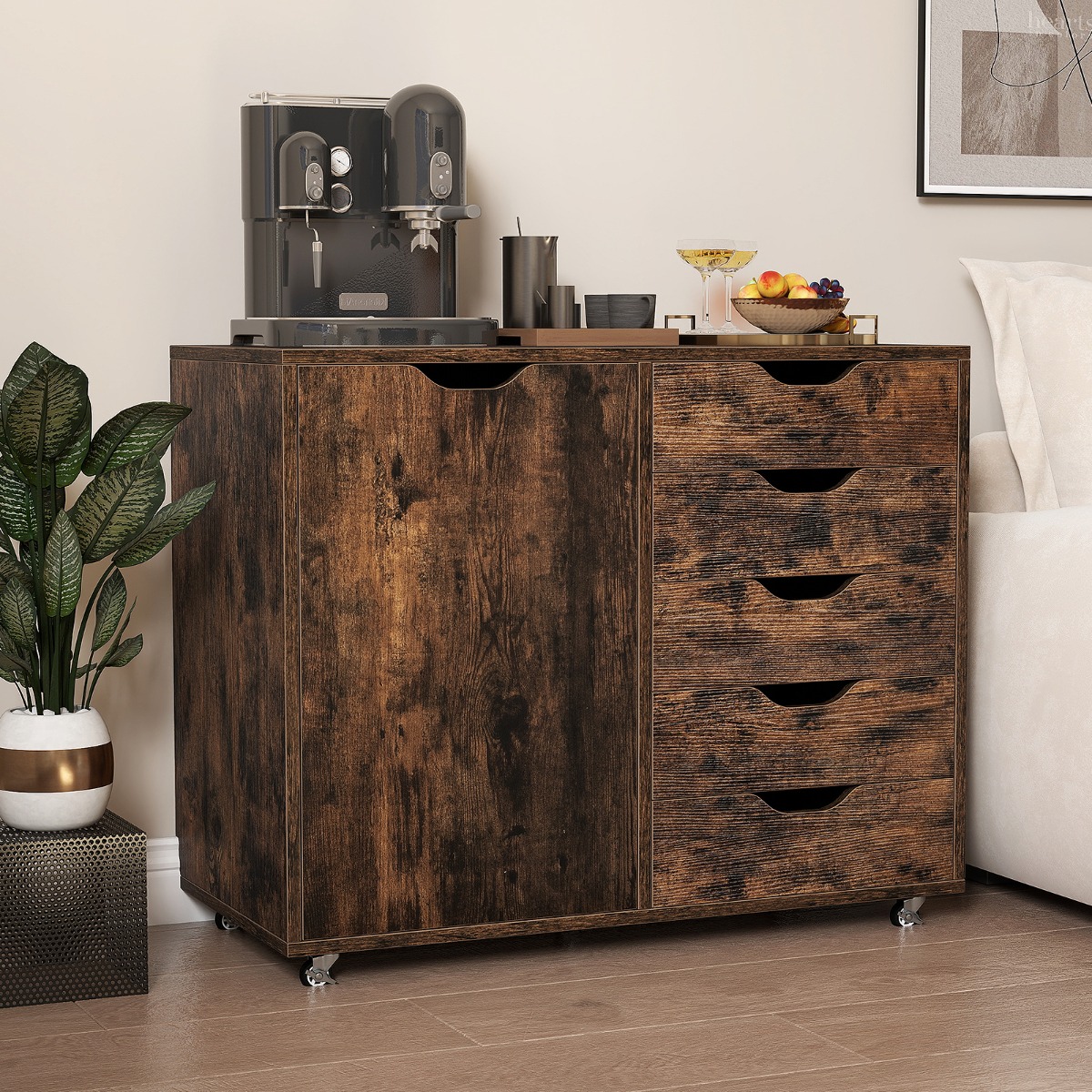 Rollcontainer mit 5 Schubladen & Tür & Arbeitsplatte & Rollen Mobiler Aktenschrank Braun von Costway