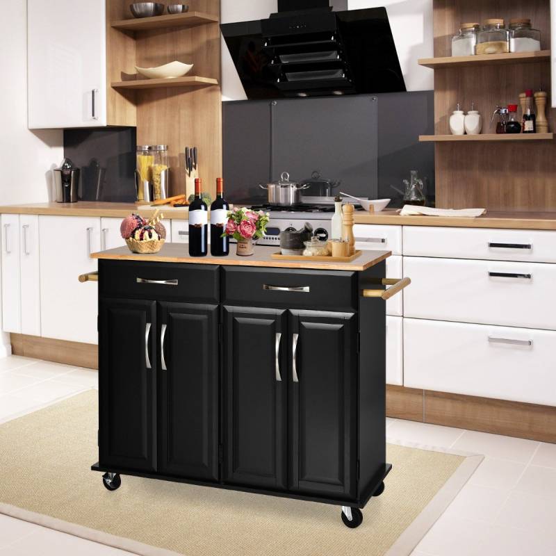 Rollender Kücheninselwagen mit Arbeitsplatte aus Gummiholz 4-türiger Servierwagen 122 x 48 x 92,5 cm Schwarz von Costway