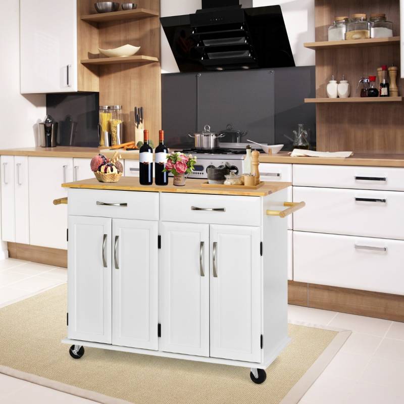 Rollender Kücheninselwagen mit Arbeitsplatte aus Gummiholz 4-türiger Servierwagen 122 x 48 x 92,5 cm Weiß von Costway