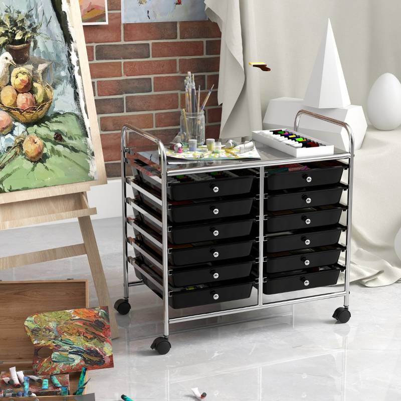 Rollwagen mit 12 Stapelbaren Schubladen &amp; Ablagefläche Schubladenwagen Rollcontainer Badrollwagen Schwarz von Costway