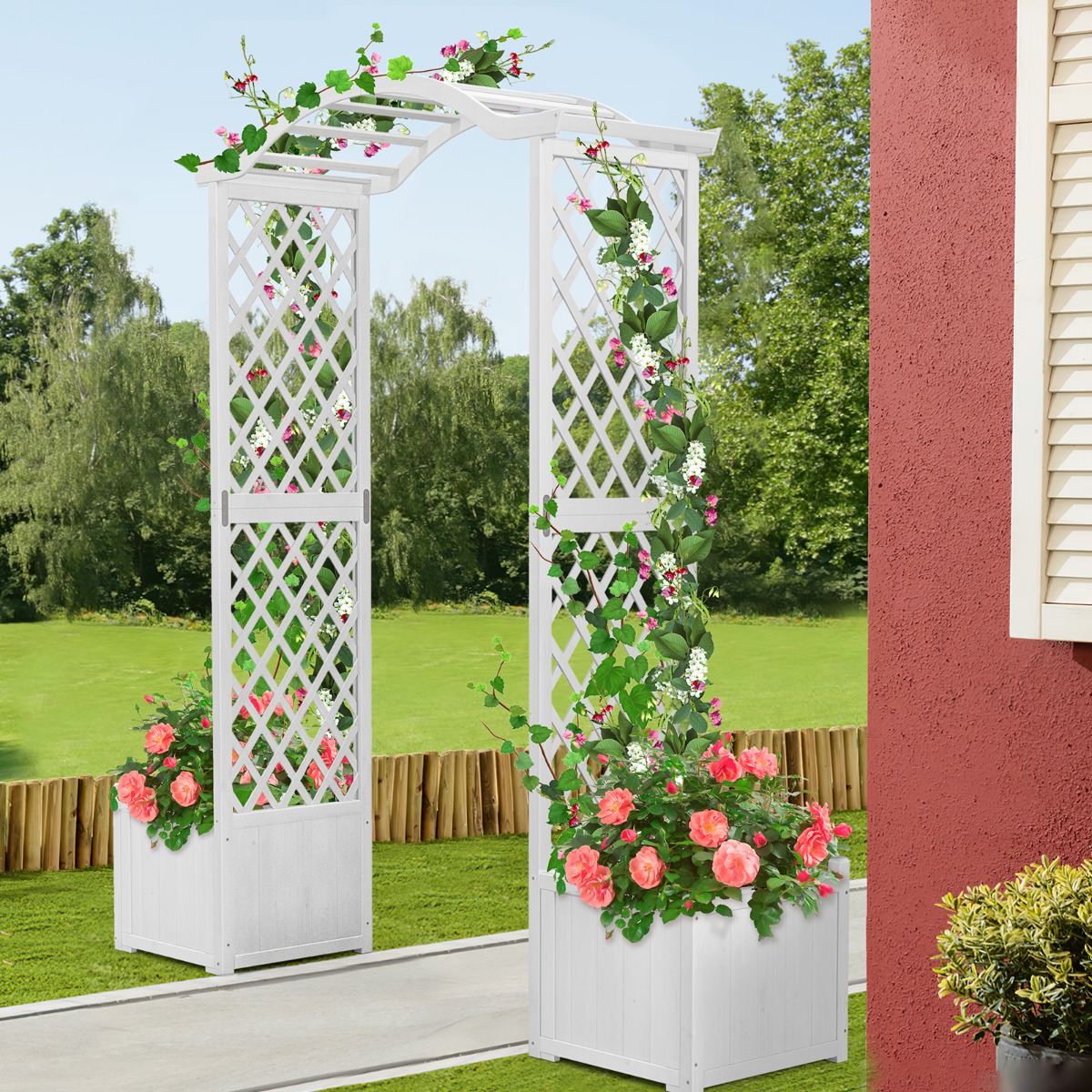 Rosenbogen Holz 2 in 1 Torbogen mit Blumenkasten Garten Pergola modern 183 x 42 x 200 cm Weiß von Costway