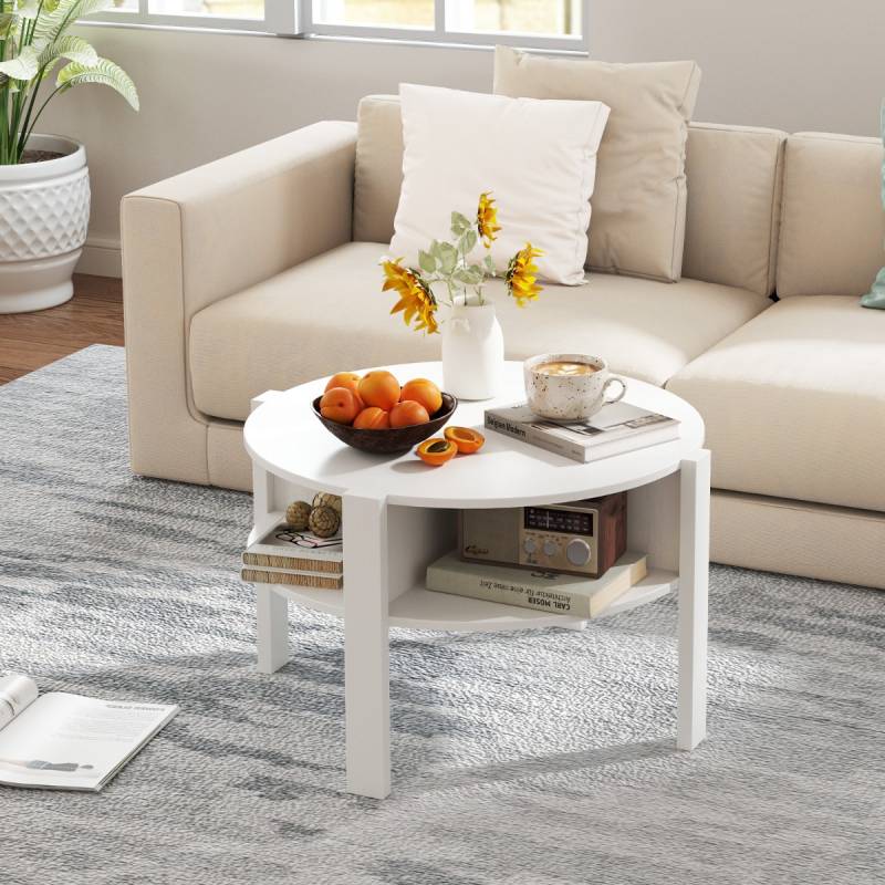 Rund Couchtisch mit Stauraum Holz Wohnzimmertisch mit 4 Regalen Kaffeetisch Weiß von Costway
