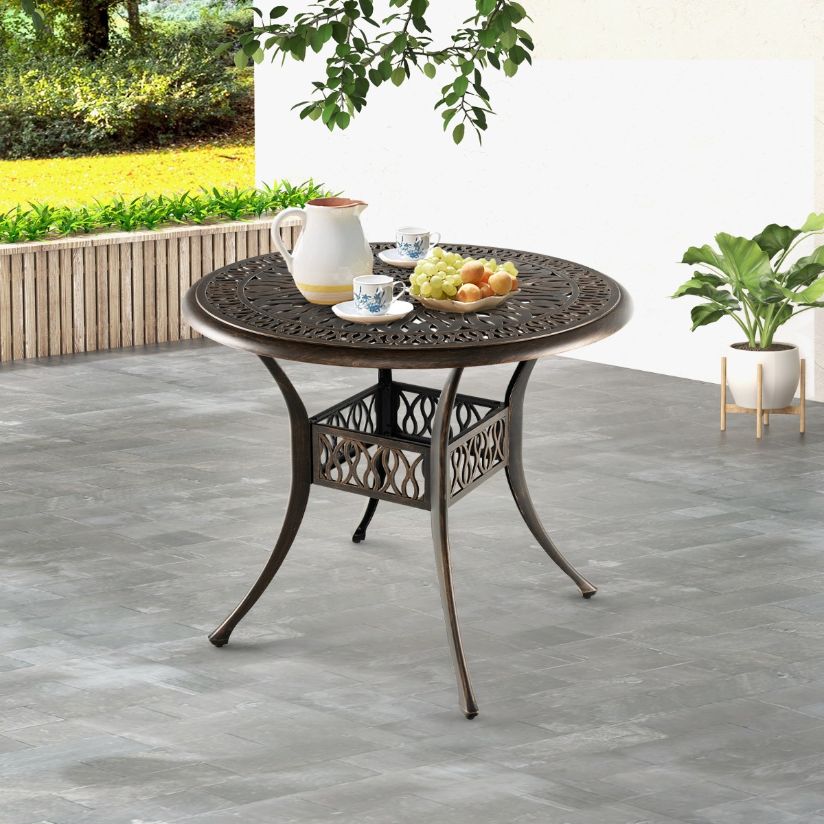 Runder Terrassen-Esstisch Bistrotisch aus Aluminiumguss mit Schirmloch Ø90 x 74 cm Braun von Costway