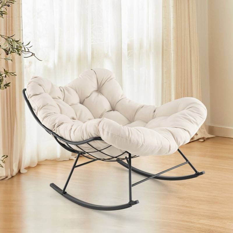 Schaukelstuhl mit Gepolstertem Kissen & 205 kg Tragkraft Schaukelsessel Terrassensessel Beige von Costway