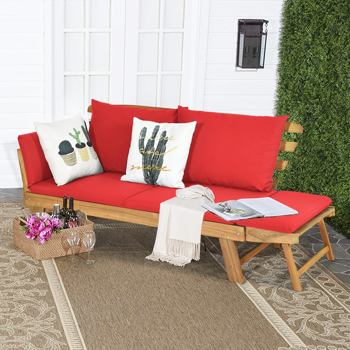 Schlafsofa für die Terrasse Tagesbett aus Akazienholz 198 x 75 x 75 cm Rot von Costway