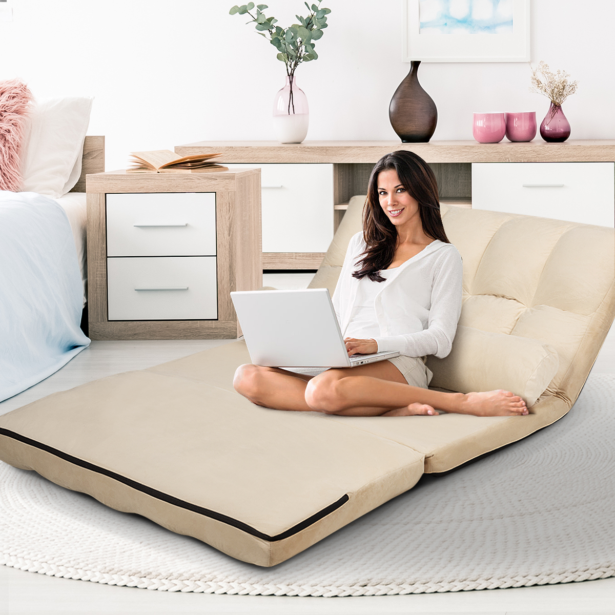 Schlafsofa mit 2 Kissen Sofabett mit 6 Stufig Verstellbarer Rücklehne 180 x 113 x 10 cm Beige von Costway