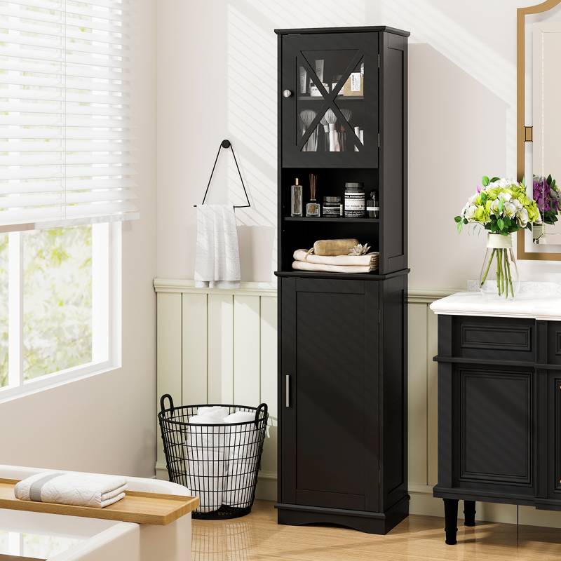 Schmaler Badezimmerschrank mit 5 Verstellbaren Regalen & 2 Türen Freistehender Hochschrank Schwarz von Costway