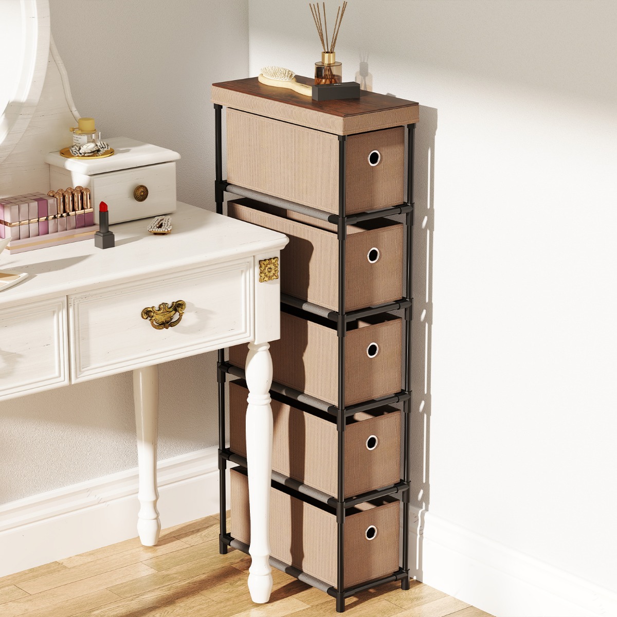 Schmaler Kommode mit 5 Schubladen & Metallrahmen & Holzplatte Aufbewahrungsturm Kleidung Organizer Braun von Costway