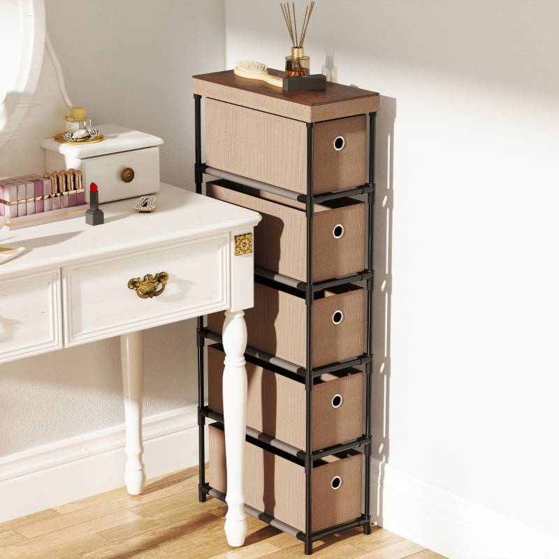 Schmaler Kommode mit 5 Schubladen & Metallrahmen & Holzplatte Aufbewahrungsturm Kleidung Organizer Braun von Costway