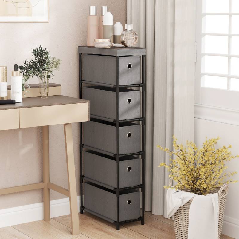 Schmaler Kommode mit 5 Schubladen & Metallrahmen & Holzplatte Aufbewahrungsturm Kleidung Organizer Grau von Costway