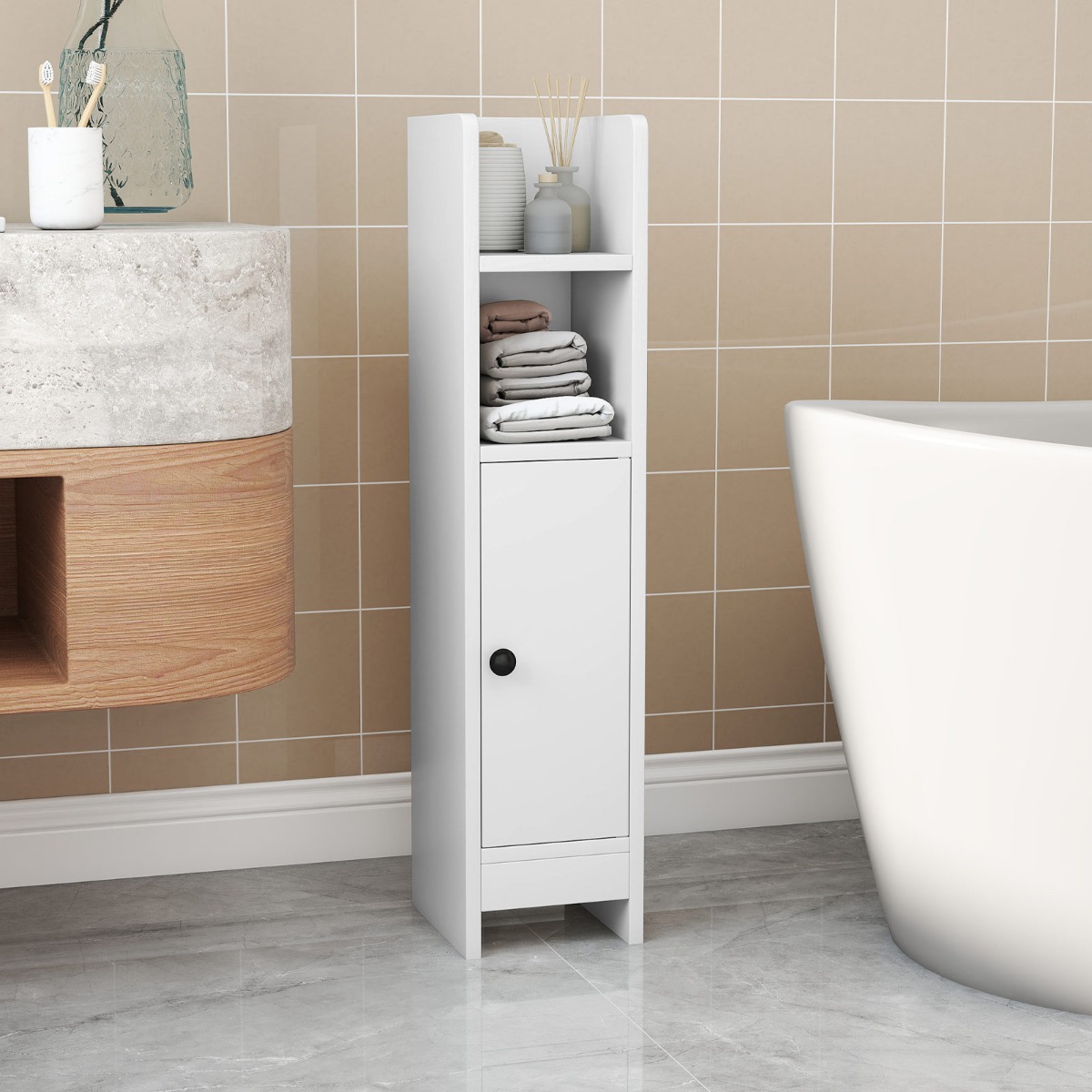 Schmaler Toilettenschrank mit 2 Offenen Fächern & 2 Abnehmbarer Ablage Badschrank Weiß von Costway