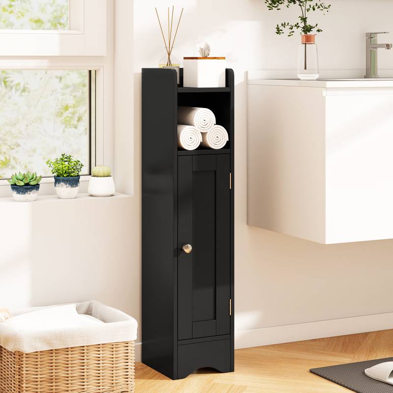 Schmaler Toilettenschrank mit Offenem Fach & 2 Verstellbare Ablagen Badschrank Schwarz von Costway